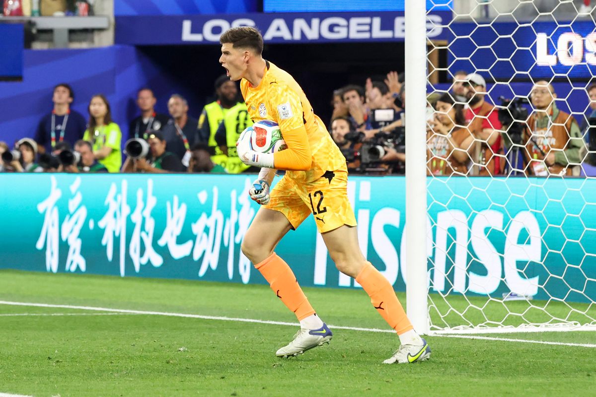 Orlando Gill #12 of Paraguay celebrates after making a save during a 2026 FIFA World Cup match against the United States, Friday June 12, 2026 in Inglewood, Calif.
