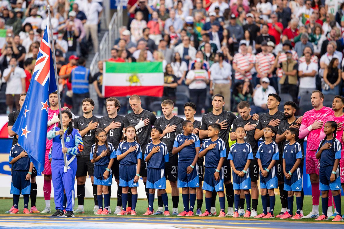 New Zealand players line up for the national anthem before a 2026 FIFA World Cup match against Iran, Monday June 15, 2026 in Inglewood, Calif.