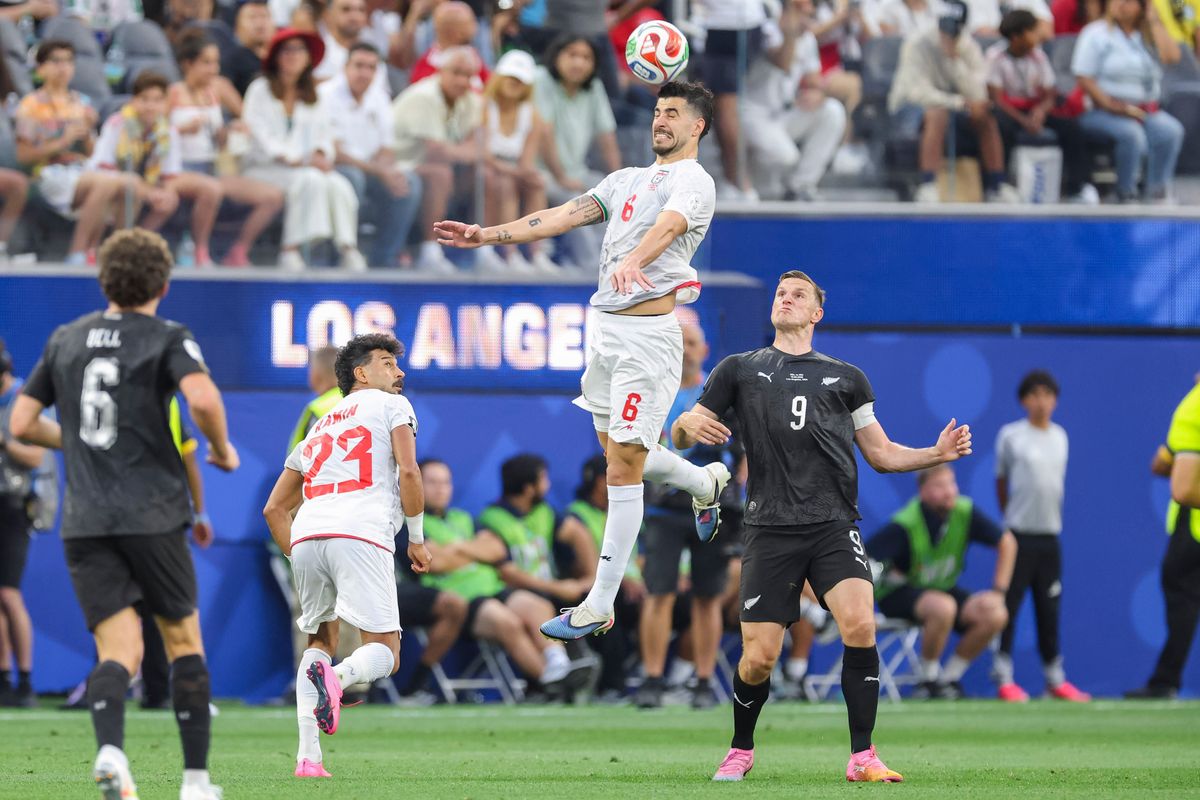 Saeid Ezatolahi #6 of Iran heads the ball during a FIFA World Cup 2026 match against New Zealand, Monday June 15, 2026 in Inglewood, Calif.