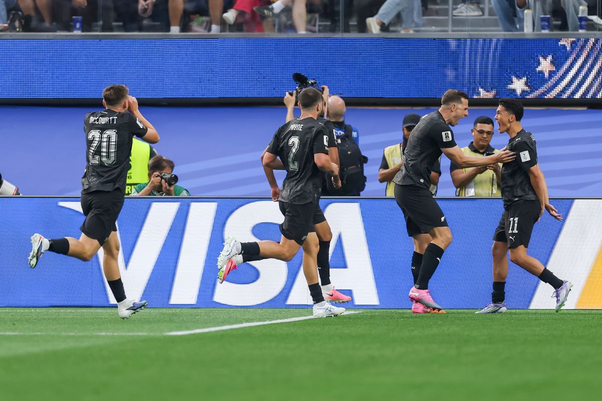 Elijah Just #11 of New Zealand celebrates with teammates after scoring a goal during a 2026 FIFA World Cup match against Iran, Monday June 15, 2026 in Inglewood, Calif.