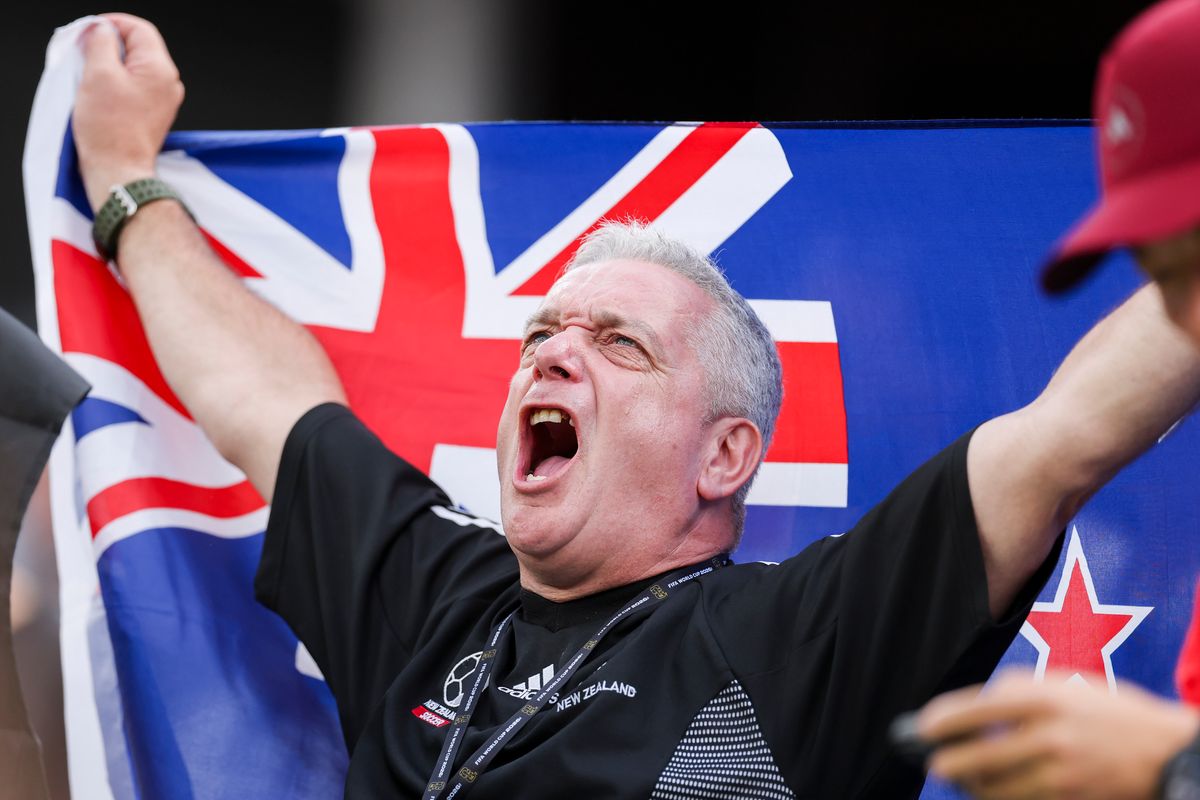 A New Zealand fan cheers during a 2026 FIFA World Cup match between Iran and New Zealand, Monday June 15, 2026 in Inglewood, Calif.
