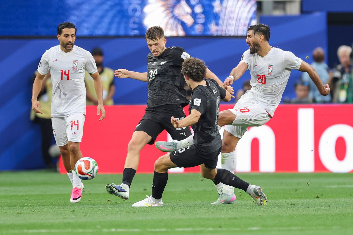 Shahriyar Moghanloo #20 of Iran kicks the ball through the defense during a FIFA World Cup 2026 match against New Zealand, Monday June 15, 2026 in Inglewood, Calif.
