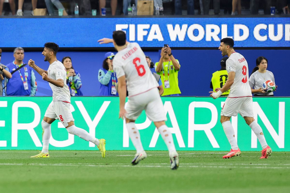 Mohammad Mohebbi #8, Saeid Ezatolahi #6, and Mehdi Taremi #9 of Iran celebrate a goal during a FIFA World Cup 2026 match against New Zealand, Monday June 15, 2026 in Inglewood, Calif.