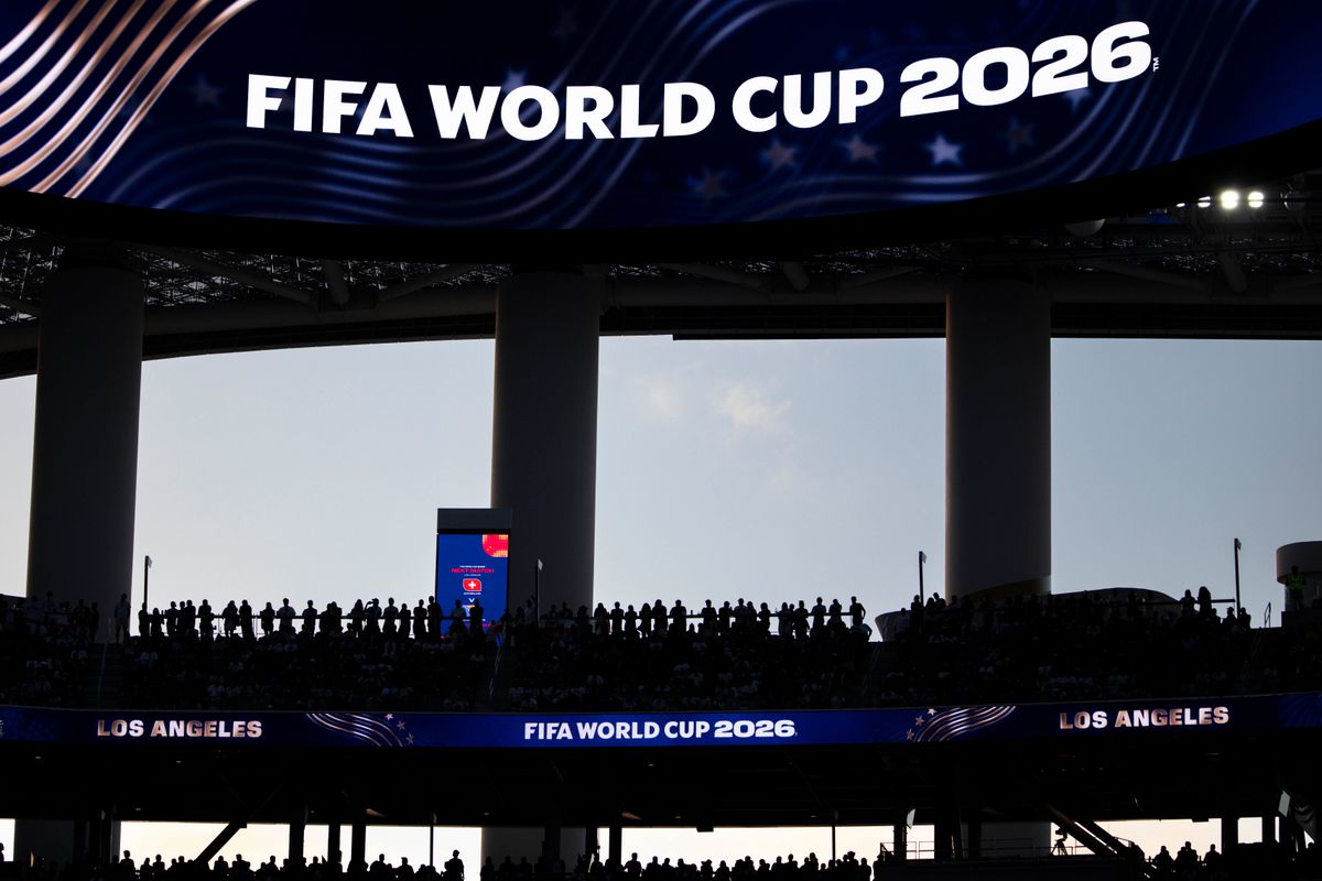 The sun sets outside SoFi Stadium during a 2026 FIFA World Cup match between Iran and New Zealand, Monday June 15, 2026 in Inglewood, Calif. 