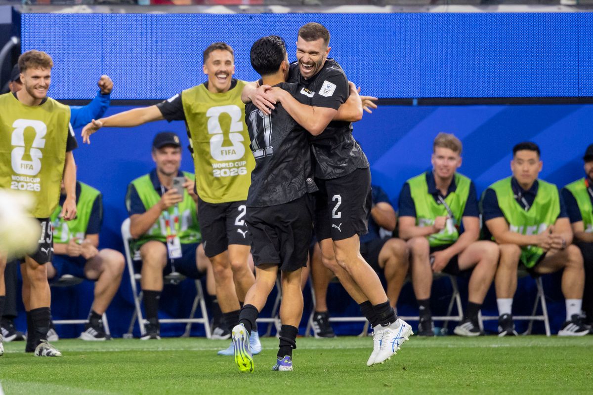 Elijah Just #11 and Tim Payne #2 of New Zealand celebrate a goal during a 2026 FIFA World Cup match against Iran, Monday June 15, 2026 in Inglewood, Calif.