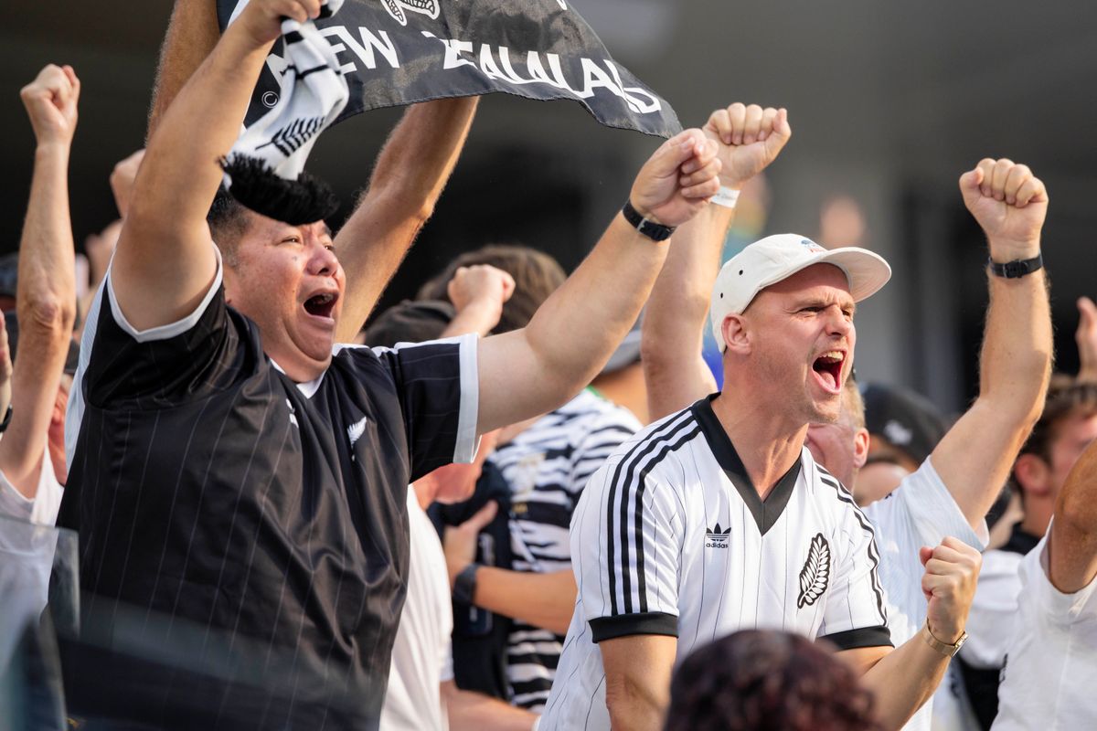 New Zealand fans celebrate a goal during a 2026 FIFA World Cup match against Iran, Monday June 15, 2026 in Inglewood, Calif.