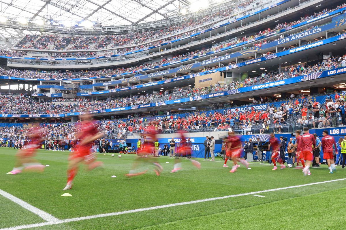 Switzerland warms up on the pitch before a FIFA World Cup 2026 match against Bosnia and Herzegovina, Thursday June 18, 2026 in Inglewood, Calif. Switzerland warms up on the pitch before a FIFA World Cup 2026 match against Bosnia and Herzegovina, Thursday June 18, 2026 in Inglewood, Calif.