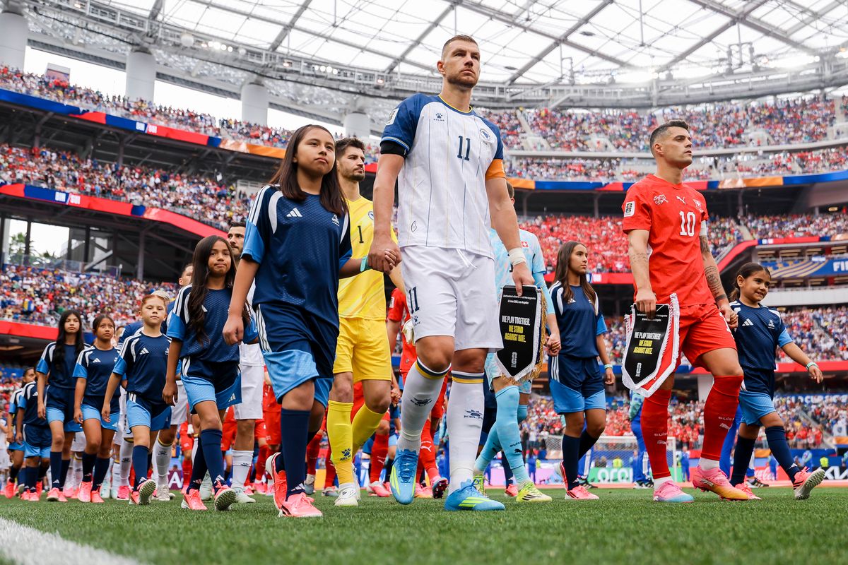 Switzerland and Bosnia and Herzegovina walk onto the pitch before a 2026 FIFA World Cup match, Thursday June 18, 2026 in Inglewood, Calif. Switzerland and Bosnia and Herzegovina walk onto the pitch before a 2026 FIFA World Cup match, Thursday June 18, 2026 in Inglewood, Calif.