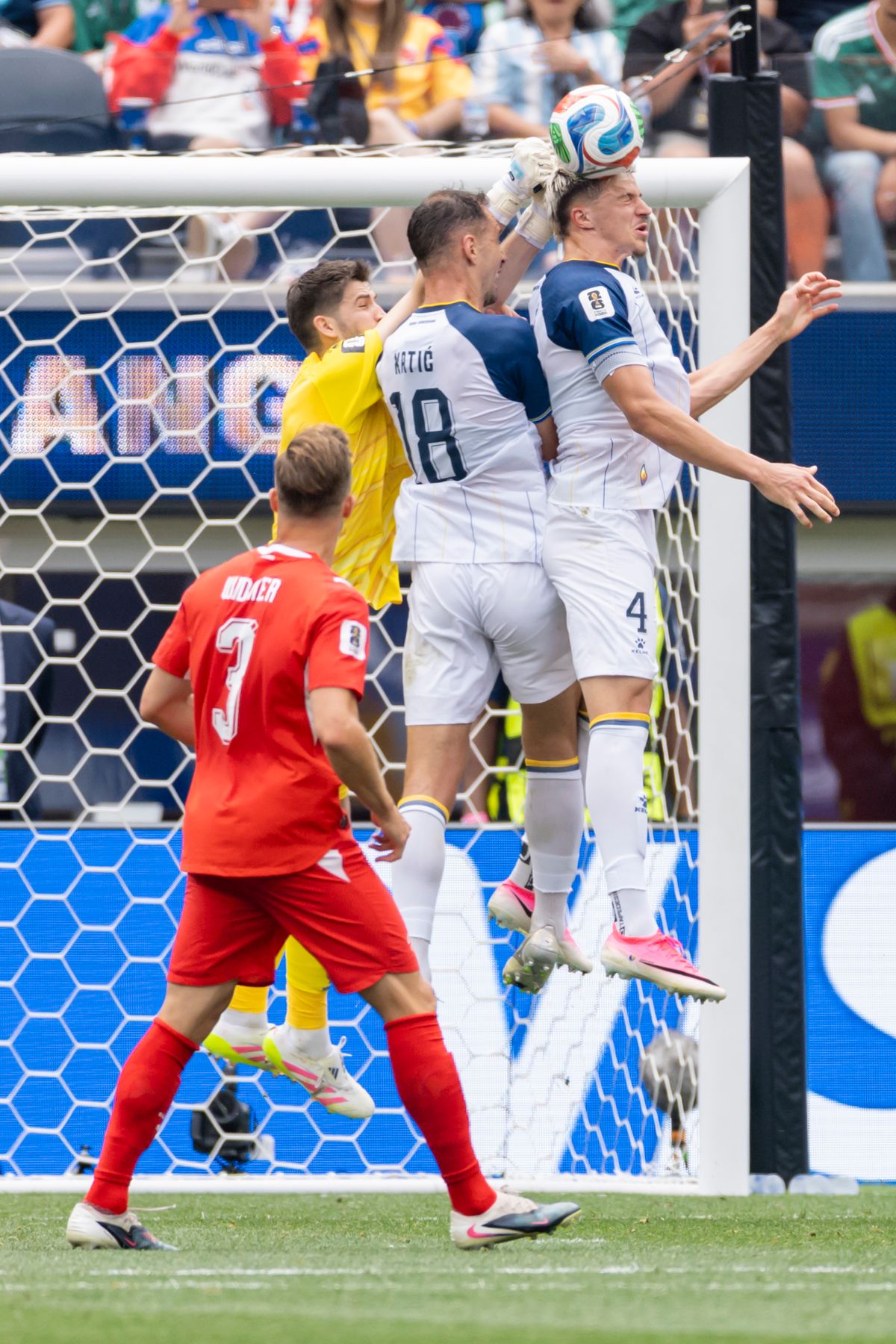 Tarik Muharemović #4 of Bosnia and Herzegovina heads the ball during a 2026 FIFA World Cup match against Switzerland, Thursday June 18, 2026 in Inglewood, Calif. Tarik Muharemović #4 of Bosnia and Herzegovina heads the ball during a 2026 FIFA World Cup match against Switzerland, Thursday June 18, 2026 in Inglewood, Calif.