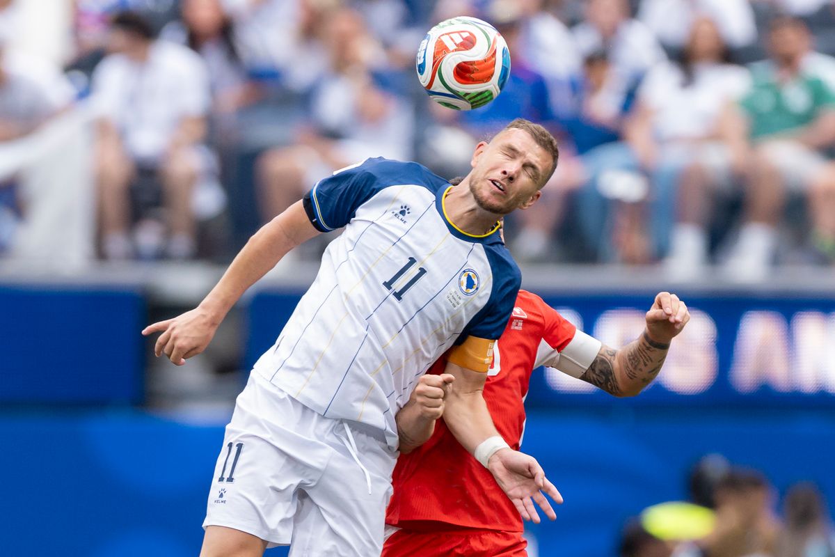 Edin Džeko #11 of Bosnia and Herzegovina heads the ball during a 2026 FIFA World Cup match against Switzerland, Thursday June 18, 2026 in Inglewood, Calif. Edin Džeko #11 of Bosnia and Herzegovina heads the ball during a 2026 FIFA World Cup match against Switzerland, Thursday June 18, 2026 in Inglewood, Calif.