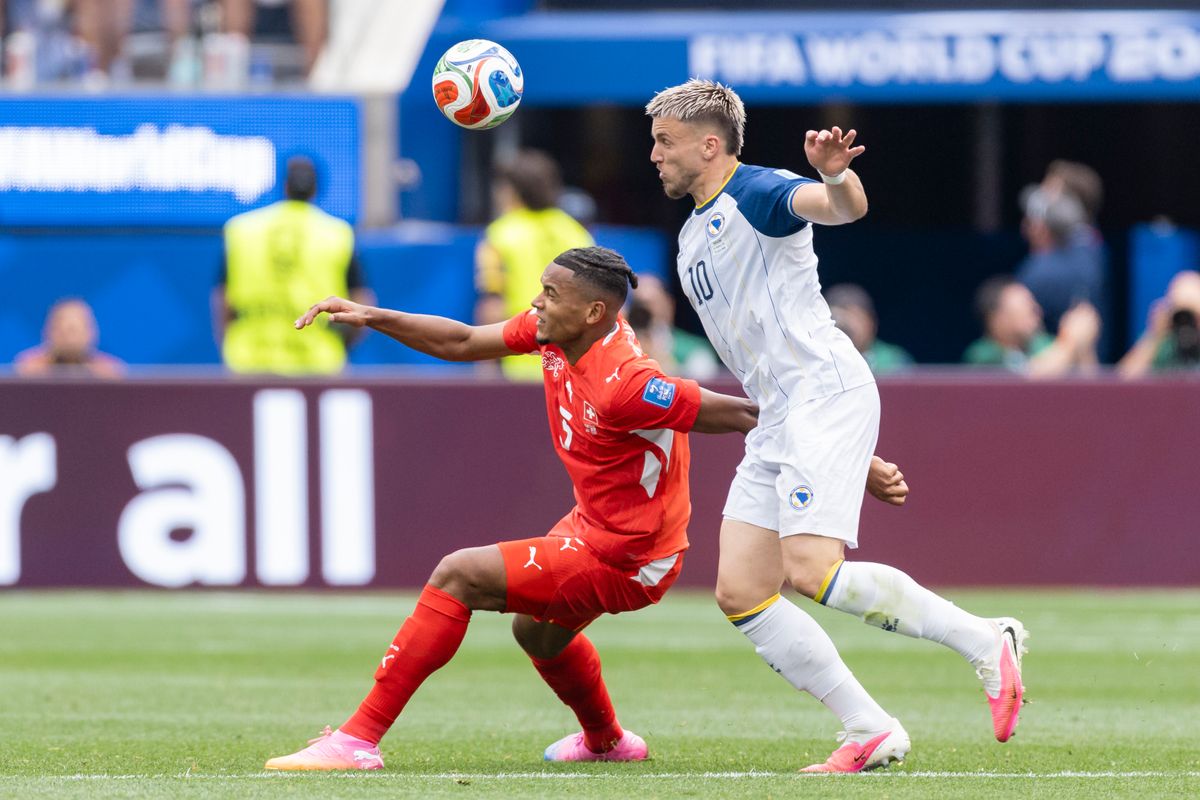 Manuel Akanji #5 of Switzerland and Ermedin Demirović #10 of Bosnia and Herzegovina battle for the ball during a 2026 FIFA World Cup match, Thursday June 18, 2026 in Inglewood, Calif. Manuel Akanji #5 of Switzerland and Ermedin Demirović #10 of Bosnia and Herzegovina battle for the ball during a 2026 FIFA World Cup match, Thursday June 18, 2026 in Inglewood, Calif.