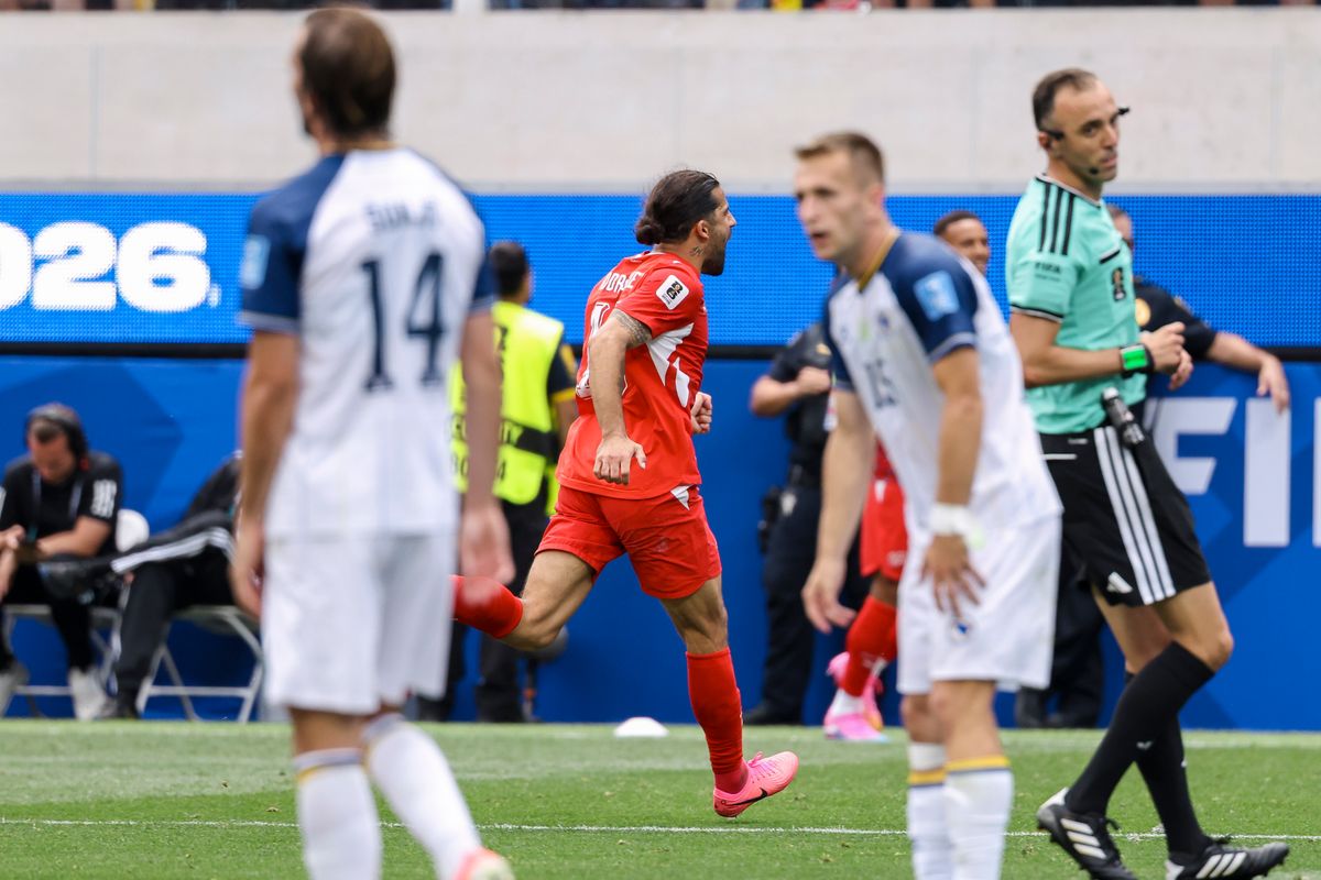 Ricardo Rodríguez #13 of Switzerland celebrates a goal as dejected Bosnia and Herzegovina players look on during a 2026 FIFA World Cup match, Thursday June 18, 2026 in Inglewood, Calif. Ricardo Rodríguez #13 of Switzerland celebrates a goal as dejected Bosnia and Herzegovina players look on during a 2026 FIFA World Cup match, Thursday June 18, 2026 in Inglewood, Calif.