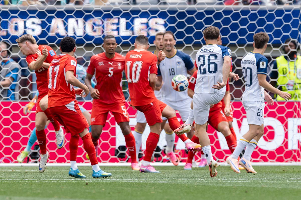 Ermin Mahmić #26 of Bosnia and Herzegovina scores a goal during a 2026 FIFA World Cup match against Switzerland, Thursday June 18, 2026 in Inglewood, Calif. Ermin Mahmić #26 of Bosnia and Herzegovina scores a goal during a 2026 FIFA World Cup match against Switzerland, Thursday June 18, 2026 in Inglewood, Calif.