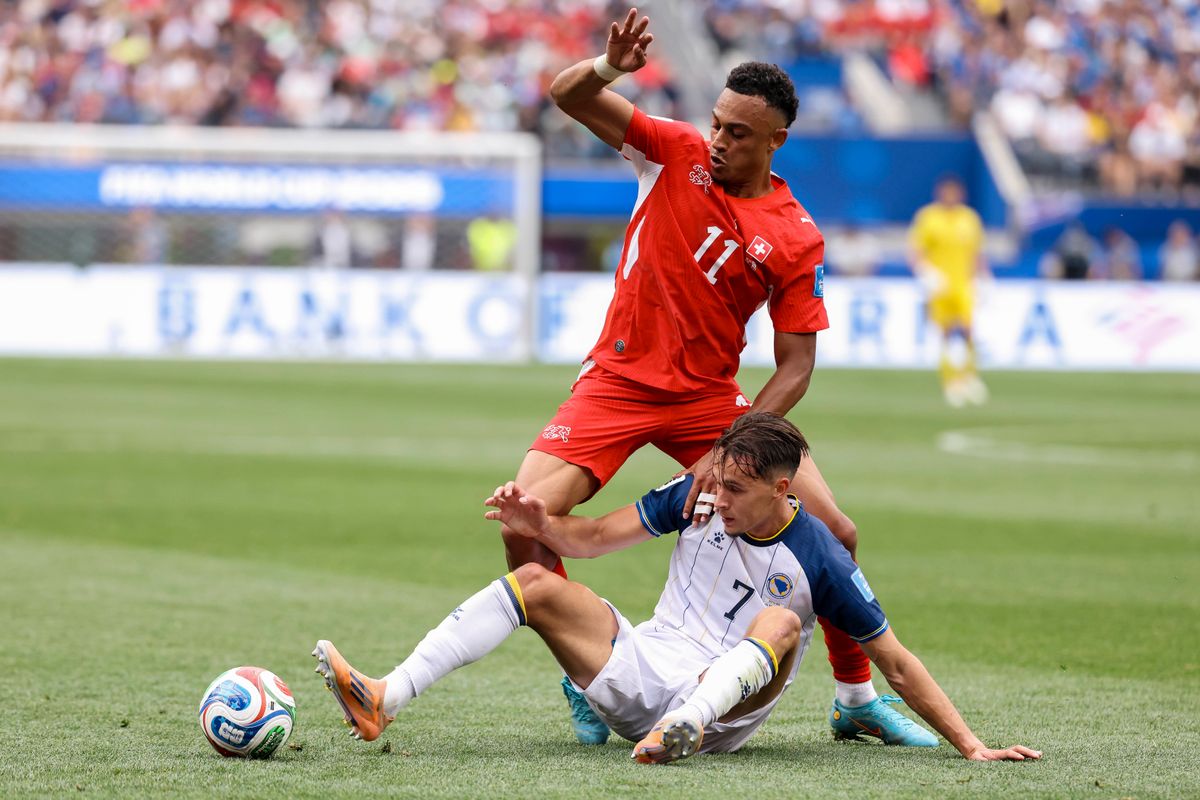 Dan Ndoye #11 of Switzerland and Amar Dedić #7 of Bosnia and Herzegovina fight for the ball during a 2026 FIFA World Cup match, Thursday June 18, 2026 in Inglewood, Calif. Dan Ndoye #11 of Switzerland and Amar Dedić #7 of Bosnia and Herzegovina fight for the ball during a 2026 FIFA World Cup match, Thursday June 18, 2026 in Inglewood, Calif.