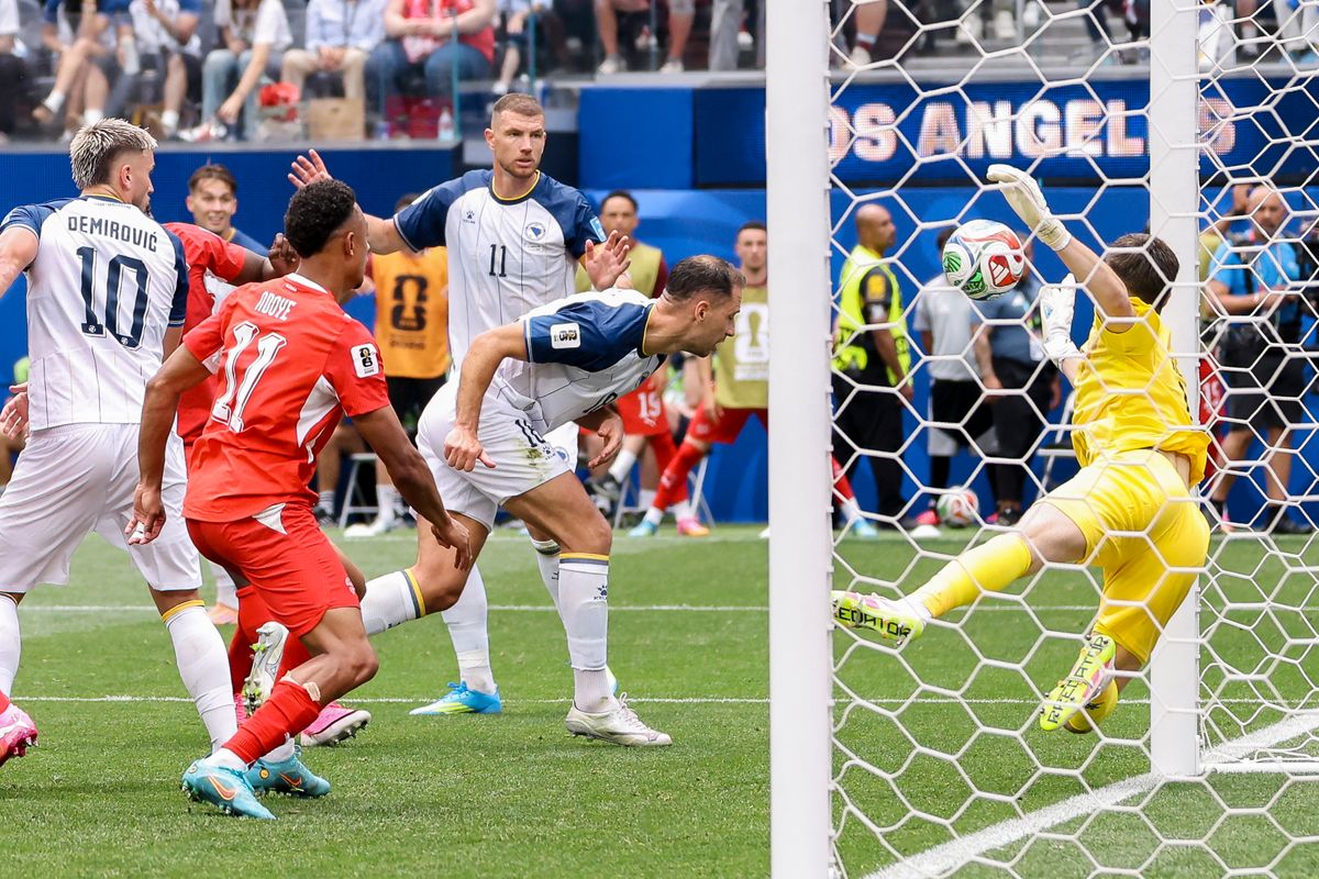 Gregor Kobel #1 of Switzerland makes a diving save during a FIFA World Cup 2026 match against Bosnia and Herzegovina, Thursday June 18, 2026 in Inglewood, Calif. Gregor Kobel #1 of Switzerland makes a diving save during a FIFA World Cup 2026 match against Bosnia and Herzegovina, Thursday June 18, 2026 in Inglewood, Calif.