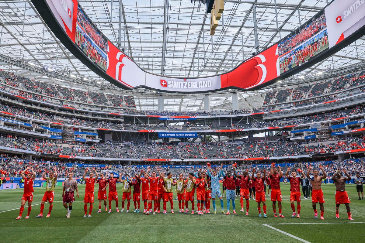 Switzerland players celebrate the victory after a FIFA World Cup 2026 match against Bosnia and Herzegovina, Thursday June 18, 2026 in Inglewood, Calif. Switzerland players celebrate the victory after a FIFA World Cup 2026 match against Bosnia and Herzegovina, Thursday June 18, 2026 in Inglewood, Calif.