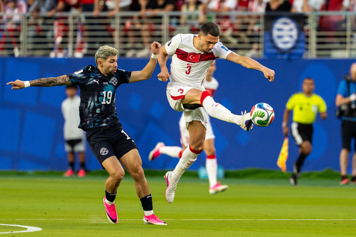 Merih Demiral (3) of Turkiye kicks the ball during a 2026 FIFA World Cup match against Paraguay, Friday June 19th, 2026 in Santa Clara, Calif.
