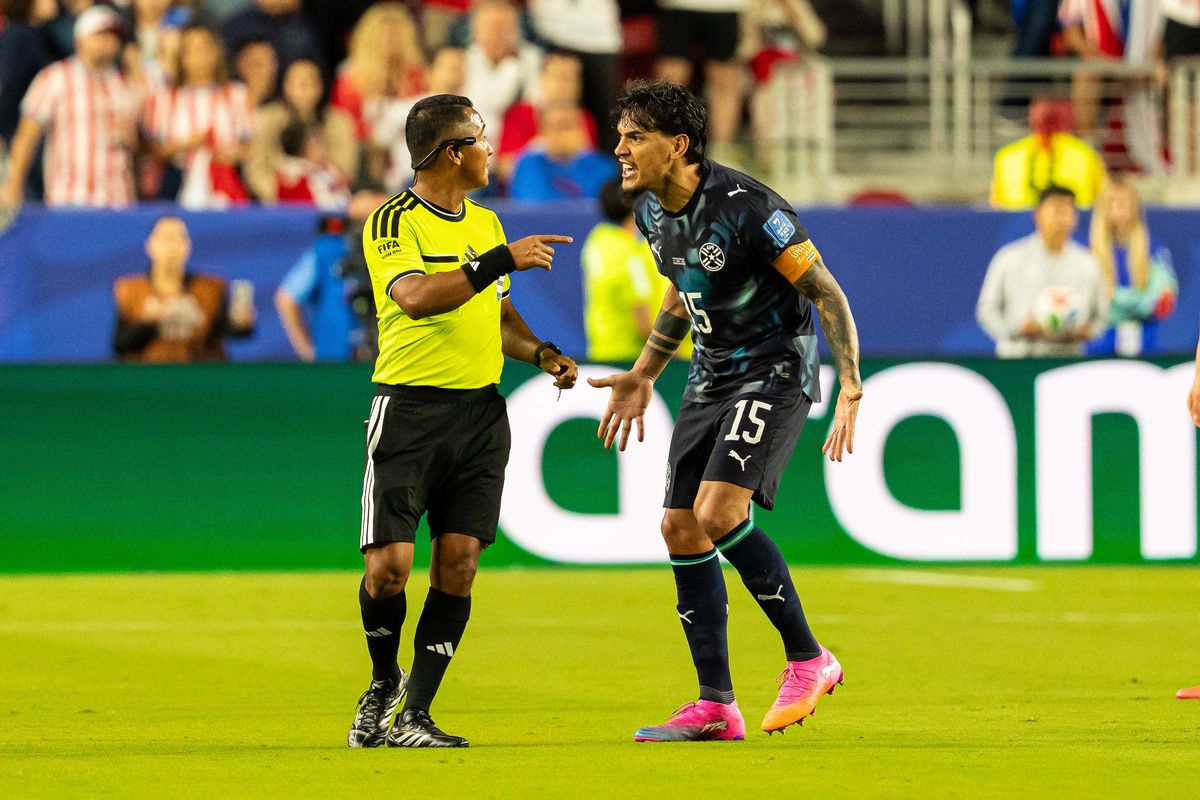 Gustavo Gomez (15) of Paraguay upset with the referee during a 2026 FIFA World Cup match against Paraguay, Friday June 19th, 2026 in Santa Clara, Calif.