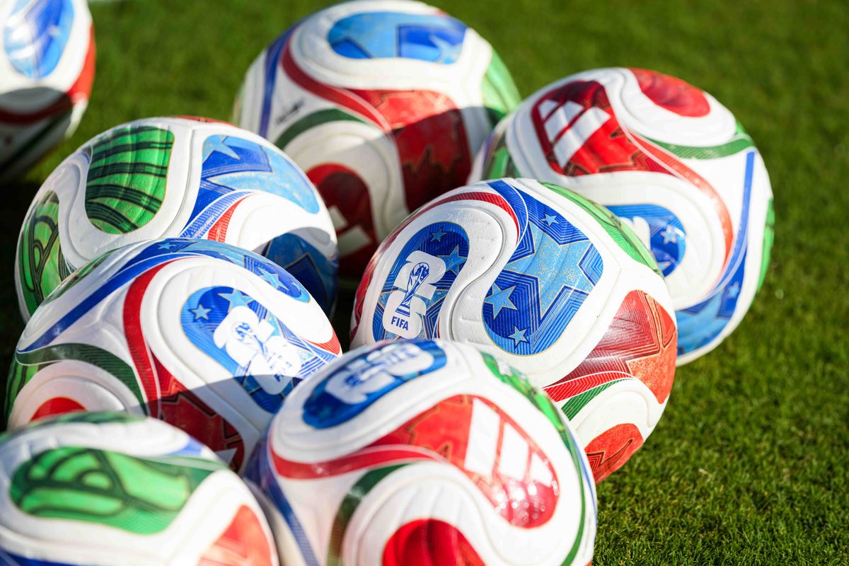 Official World Cup soccer balls at a 2026 FIFA World Cup match against Turkiye, Friday June 19th, 2026 in Santa Clara, Calif.