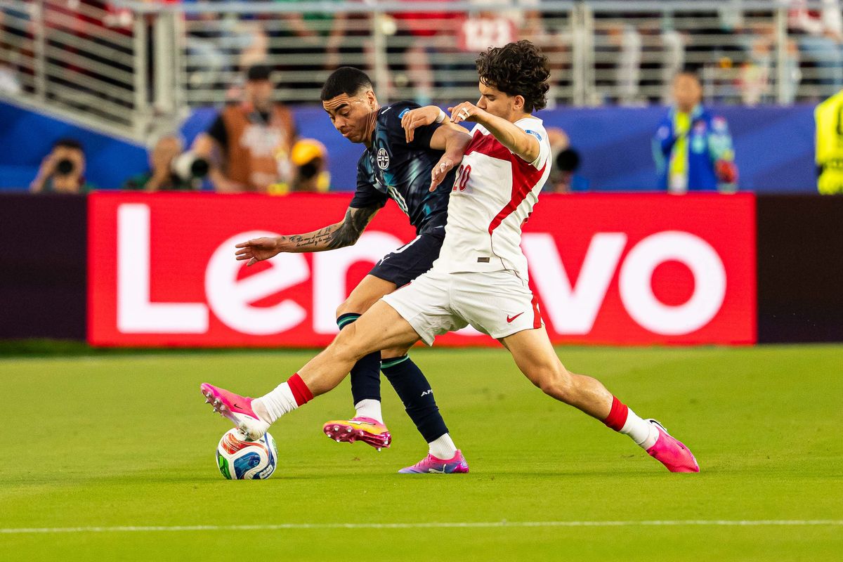 Miguel Almiron (19) of Paraguay fights for the ball during a 2026 FIFA World Cup match against Paraguay, Friday June 19th, 2026 in Santa Clara, Calif.