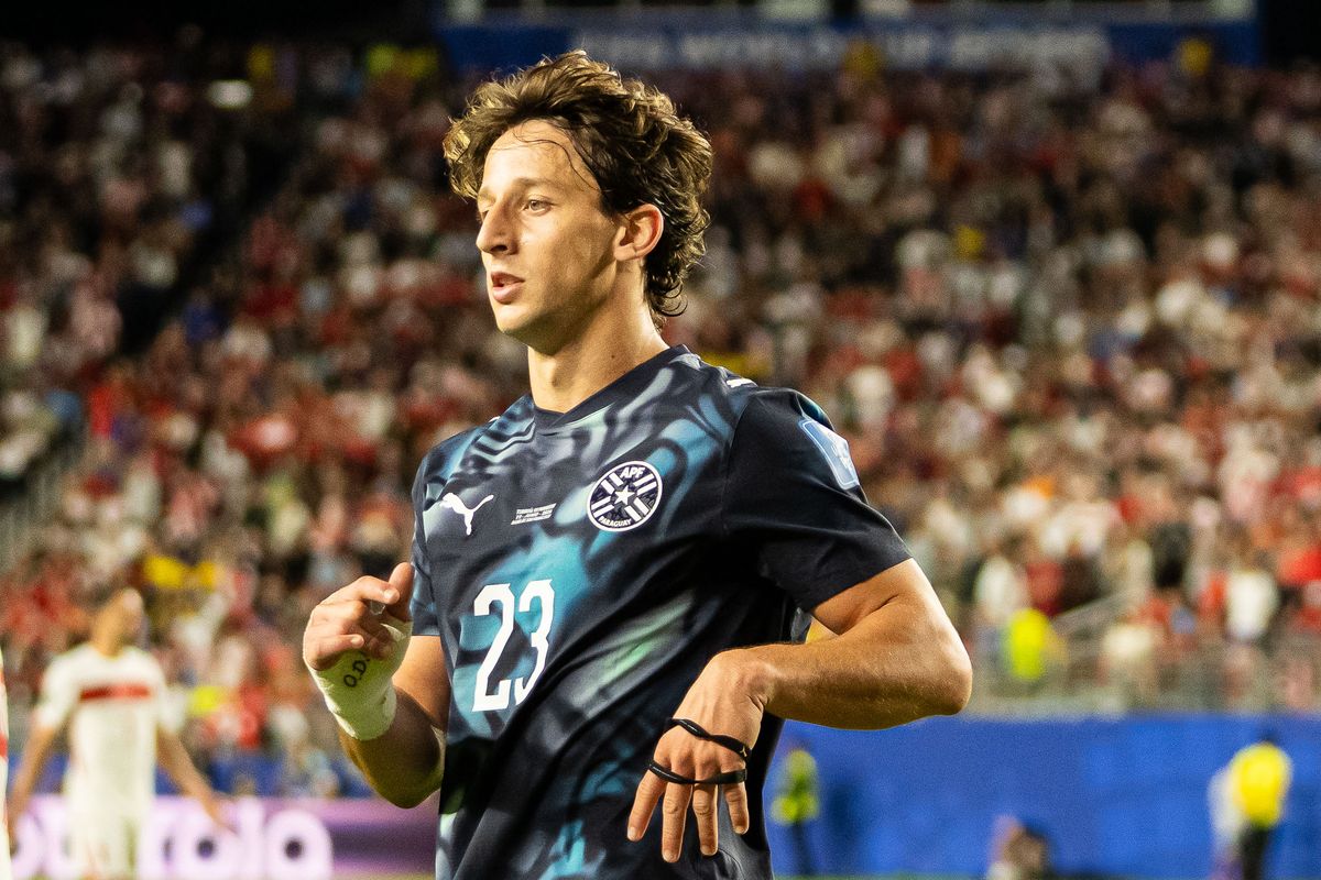 Matias Galarza (23) of Paraguay during a 2026 FIFA World Cup match against Paraguay, Friday June 19th, 2026 in Santa Clara, Calif.