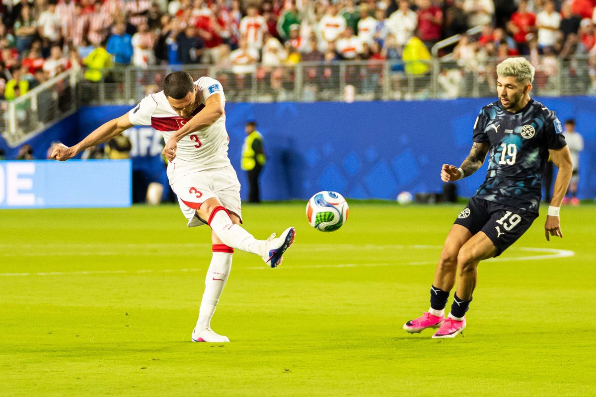 Merih Demiral (3) of Turkiye kicks the ball during a 2026 FIFA World Cup match against Paraguay, Friday June 19th, 2026 in Santa Clara, Calif.
