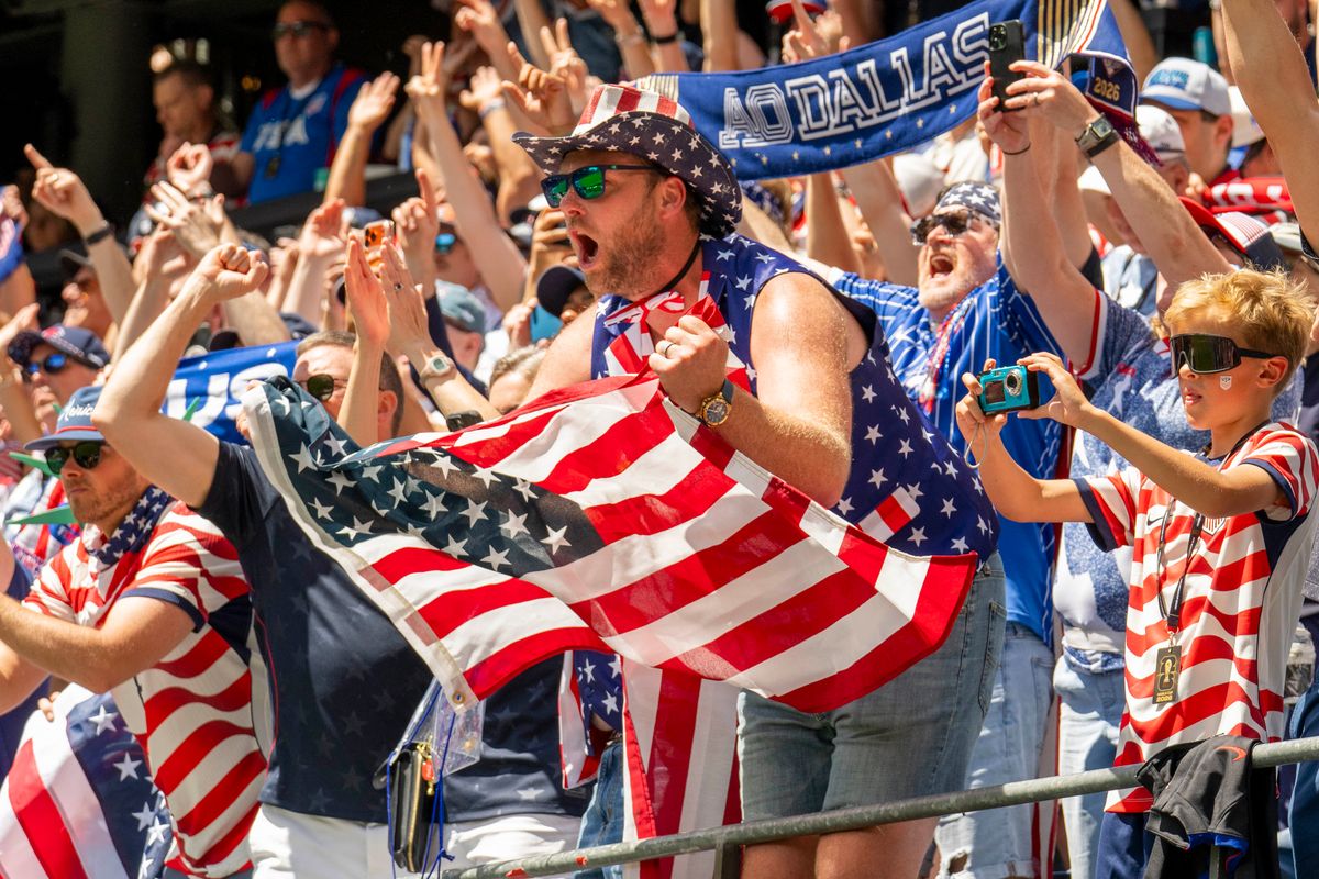 A United States fan cheering on the team during a FIFA World Cup match against Australia, Friday June 19th, 2026 in Seattle, Washington. A United States fan cheering on the team during a FIFA World Cup match against Australia, Friday June 19th, 2026 in Seattle, Washington.