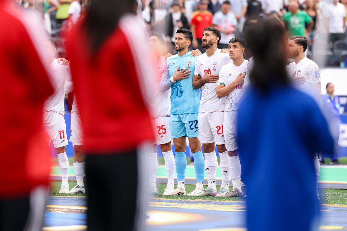 Iran players stand for the national anthem before a 2026 FIFA World Cup match against Belgium, Sunday June 21, 2026 in Inglewood, Calif. Iran players stand for the national anthem before a 2026 FIFA World Cup match against Belgium, Sunday June 21, 2026 in Inglewood, Calif.