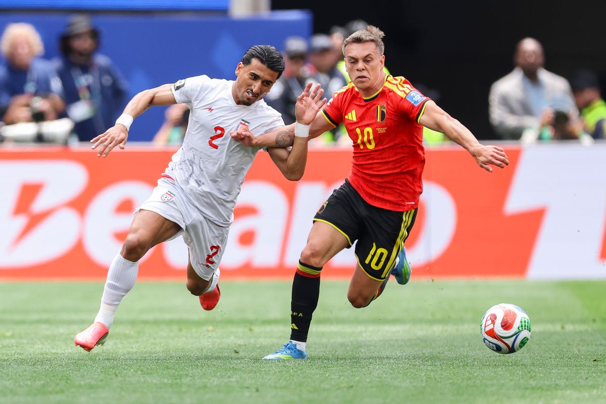 Saleh Hardani #2 of Iran and Leandro Trossard #10 of Belgium chase the ball during a 2026 FIFA World Cup match, Sunday June 21, 2026 in Inglewood, Calif. Saleh Hardani #2 of Iran and Leandro Trossard #10 of Belgium chase the ball during a 2026 FIFA World Cup match, Sunday June 21, 2026 in Inglewood, Calif.