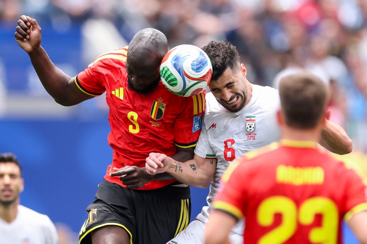 Romelu Lukaku #9 of Belgium and Saeid Ezatolahi #6 of Iran head the ball during a 2026 FIFA World Cup match, Sunday June 21, 2026 in Inglewood, Calif. Romelu Lukaku #9 of Belgium and Saeid Ezatolahi #6 of Iran head the ball during a 2026 FIFA World Cup match, Sunday June 21, 2026 in Inglewood, Calif.