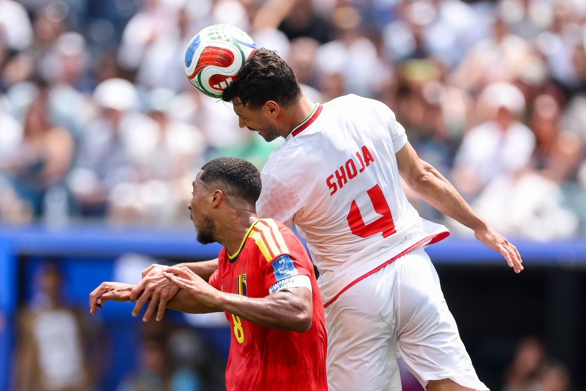 Shoja Khalilzadeh #4 of Iran heads the ball during a 2026 FIFA World Cup match against Belgium, Sunday June 21, 2026 in Inglewood, Calif. Shoja Khalilzadeh #4 of Iran heads the ball during a 2026 FIFA World Cup match against Belgium, Sunday June 21, 2026 in Inglewood, Calif.