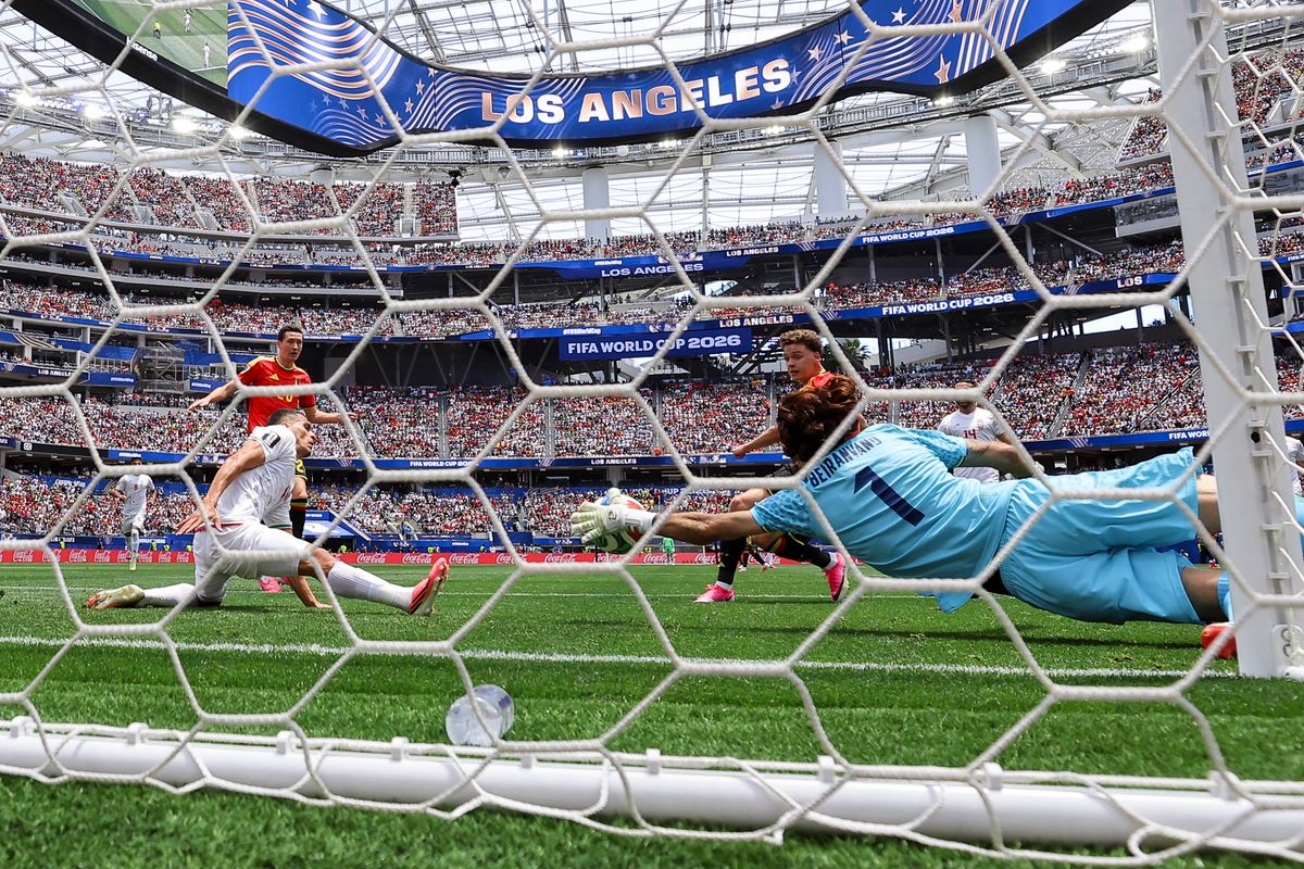 Alireza Beiranvand #1 of Iran makes a diving save during a 2026 FIFA World Cup match against Belgium, Sunday June 21, 2026 in Inglewood, Calif. Alireza Beiranvand #1 of Iran makes a diving save during a 2026 FIFA World Cup match against Belgium, Sunday June 21, 2026 in Inglewood, Calif.