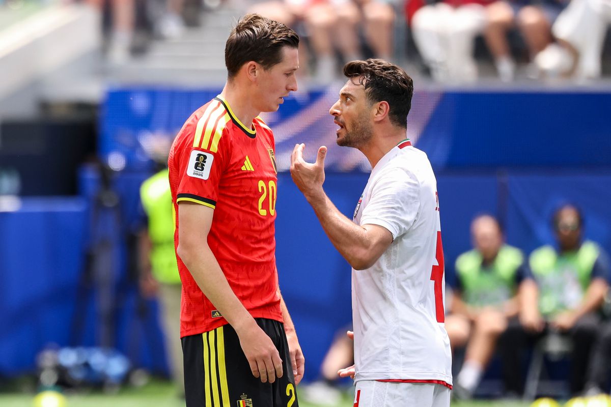 Hans Vanaken #20 of Belgium and Shoja Khalilzadeh #4 of Iran have a discussion after a play during a 2026 FIFA World Cup match, Sunday June 21, 2026 in Inglewood, Calif. Hans Vanaken #20 of Belgium and Shoja Khalilzadeh #4 of Iran have a discussion after a play during a 2026 FIFA World Cup match, Sunday June 21, 2026 in Inglewood, Calif.