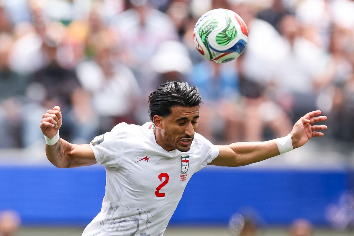 Saleh Hardani #2 of Iran heads the ball during a 2026 FIFA World Cup match against Belgium, Sunday June 21, 2026 in Inglewood, Calif. Saleh Hardani #2 of Iran heads the ball during a 2026 FIFA World Cup match against Belgium, Sunday June 21, 2026 in Inglewood, Calif.
