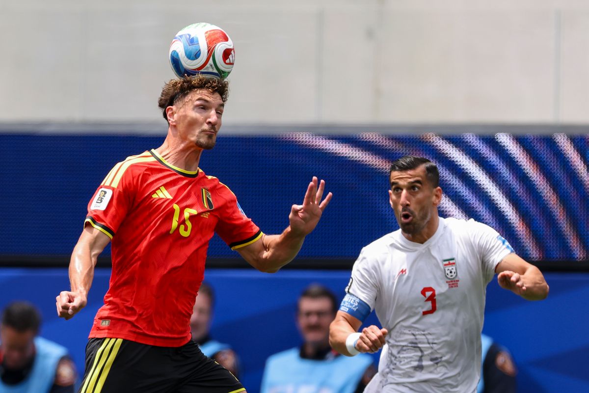 Thomas Meunier #15 of Belgium heads the ball during a FIFA World Cup 2026 match against Iran, Sunday June 21, 2026 in Inglewood, Calif. Thomas Meunier #15 of Belgium heads the ball during a FIFA World Cup 2026 match against Iran, Sunday June 21, 2026 in Inglewood, Calif.