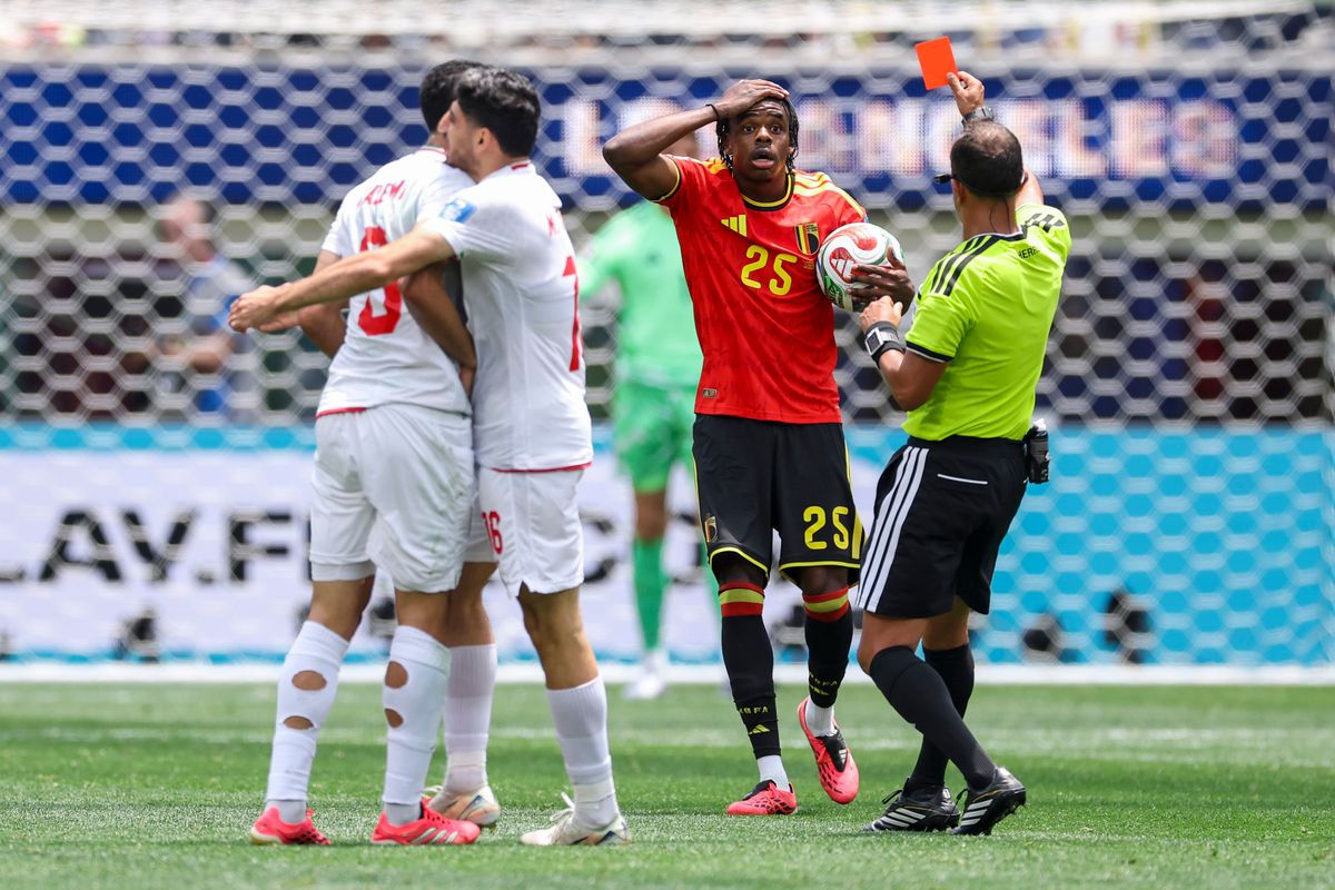 Nathan Ngoy #25 of Belgium reacts to receiving a red card during a FIFA World Cup 2026 match against Iran, Sunday June 21, 2026 in Inglewood, Calif. Nathan Ngoy #25 of Belgium reacts to receiving a red card during a FIFA World Cup 2026 match against Iran, Sunday June 21, 2026 in Inglewood, Calif.