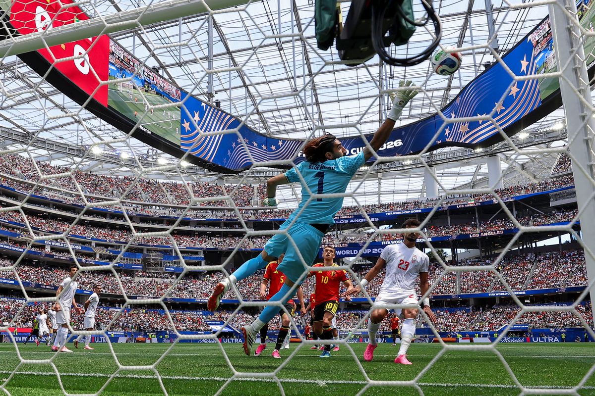 Alireza Beiranvand #1 of Iran dives for the ball during a 2026 FIFA World Cup match against Belgium, Sunday June 21, 2026 in Inglewood, Calif. Alireza Beiranvand #1 of Iran dives for the ball during a 2026 FIFA World Cup match against Belgium, Sunday June 21, 2026 in Inglewood, Calif.