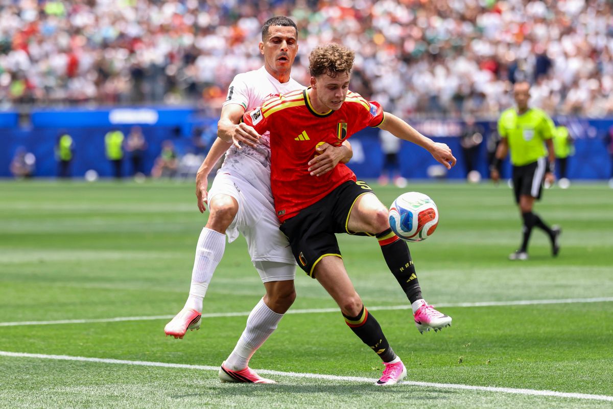 Ali Nemati #19 of Iran and Maxim de Cuyper #5 of Belgium battle for the ball during a 2026 FIFA World Cup match, Sunday June 21, 2026 in Inglewood, Calif. Ali Nemati #19 of Iran and Maxim de Cuyper #5 of Belgium battle for the ball during a 2026 FIFA World Cup match, Sunday June 21, 2026 in Inglewood, Calif.