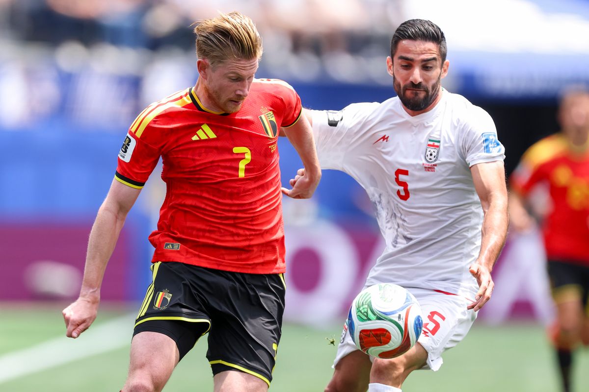 Kevin de Bruyne #7 of Belgium and Milad Mohammadi #5 of Iran fight for the ball during a 2026 FIFA World Cup match, Sunday June 21, 2026 in Inglewood, Calif. Kevin de Bruyne #7 of Belgium and Milad Mohammadi #5 of Iran fight for the ball during a 2026 FIFA World Cup match, Sunday June 21, 2026 in Inglewood, Calif.