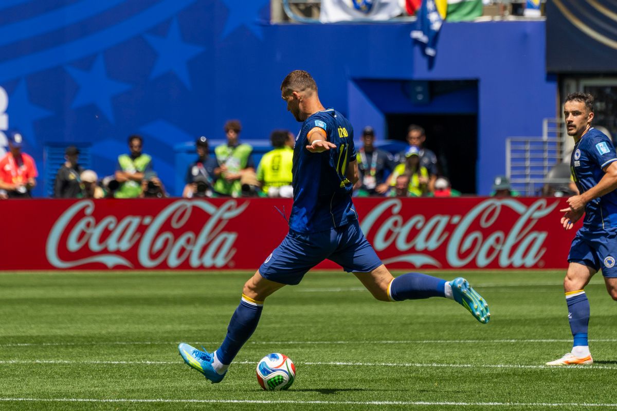 #11 Edin Dzeko of Bosnia-Herzegovina takes a shot during a FIFA World Cup match against Qatar, Wednesday June 24th, 2026 in Seattle, Washington. 