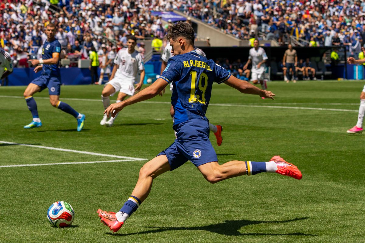 #19 Kerim Alajbegovic of Bosnia-Herzegovina tries to cross the ball during a FIFA World Cup match against Qatar, Wednesday June 24th, 2026 in Seattle, Washington. 