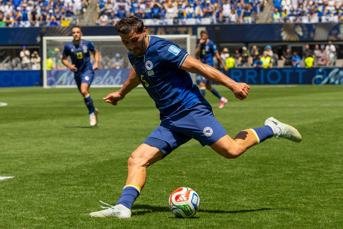 #5 Sead Kolasinac of Bosnia-Herzegovina takes a shot at goal during a FIFA World Cup match against Qatar, Wednesday June 24th, 2026 in Seattle, Washington. 