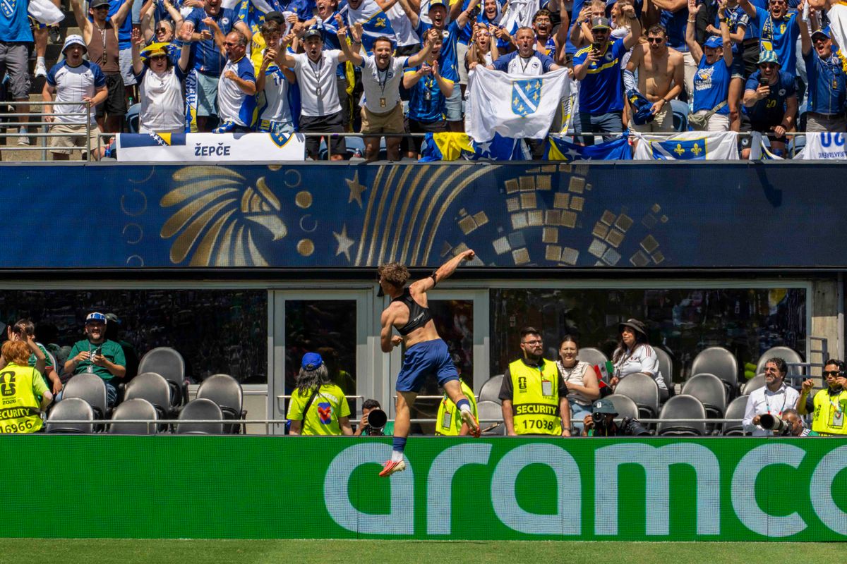 #26 Ermin Mahmic of Bosnia-Herzegovina celebrates his goal during a FIFA World Cup match against Qatar, Wednesday June 24th, 2026 in Seattle, Washington. 