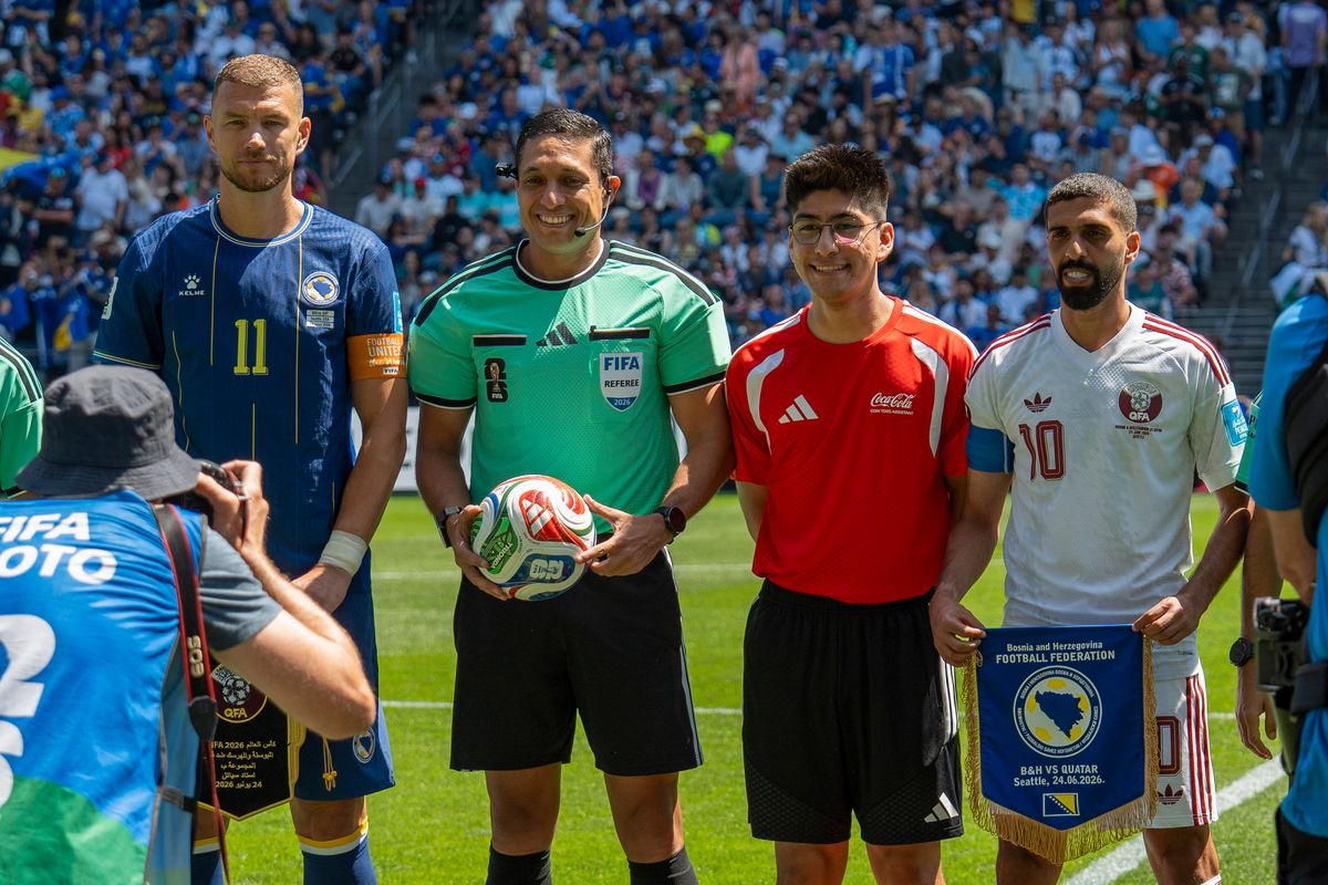 The captains before a FIFA World Cup match between Bosnia-Herzegovina and Qatar, Wednesday June 24th, 2026 in Seattle, Washington. 