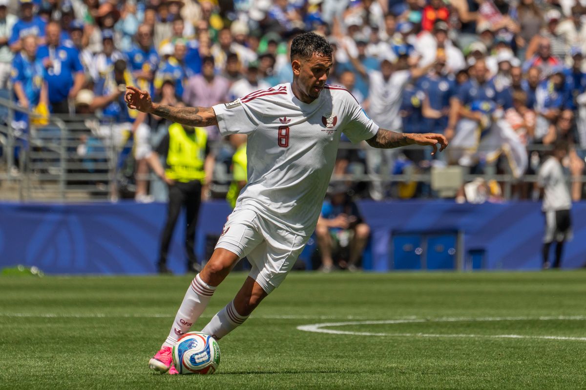 #8 Edmilson Junior of Qatar regains possession of the ball during a FIFA World Cup match against  Bosnia-Herzegovina, Wednesday June 24th, 2026 in Seattle, Washington. 