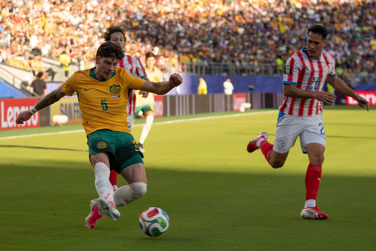 Jordan Bos (5) of  Australia looks to score during a 2026 FIFA World Cup match against Paraguay, Thursday June 25th, 2026 in Santa Clara, Calif.