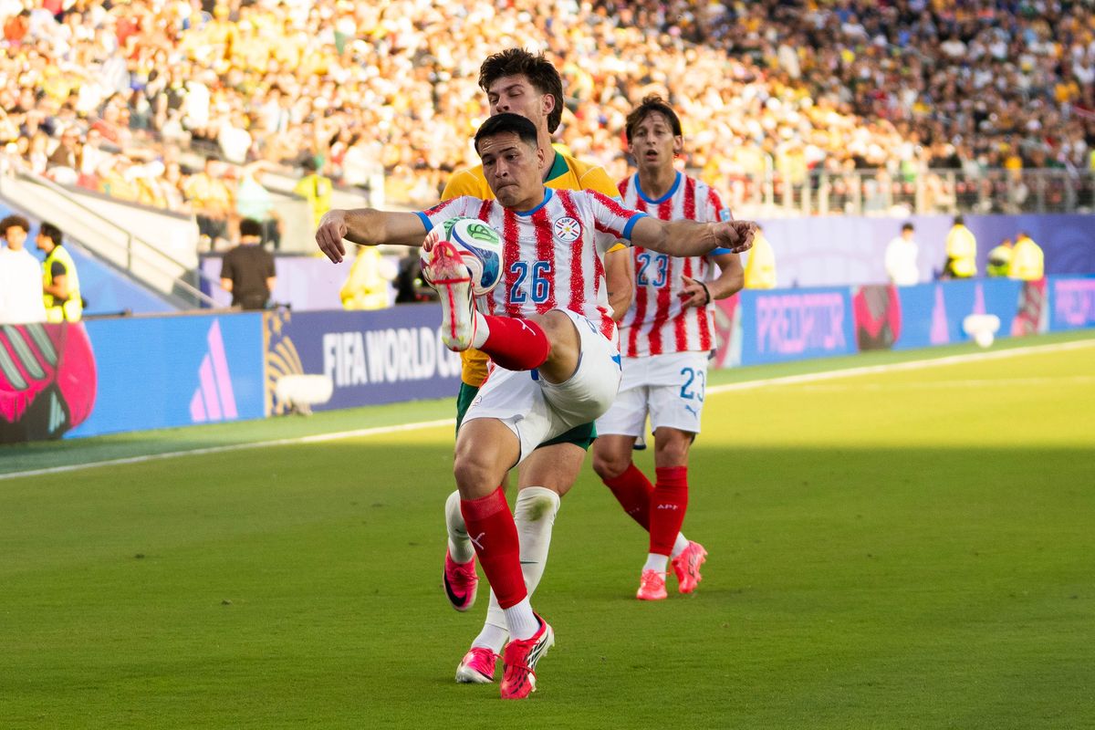 Alexandro Maidana (26) of Paraguay kicks the ball during a 2026 FIFA World Cup match against Australia, Thursday June 25th, 2026 in Santa Clara, Calif.