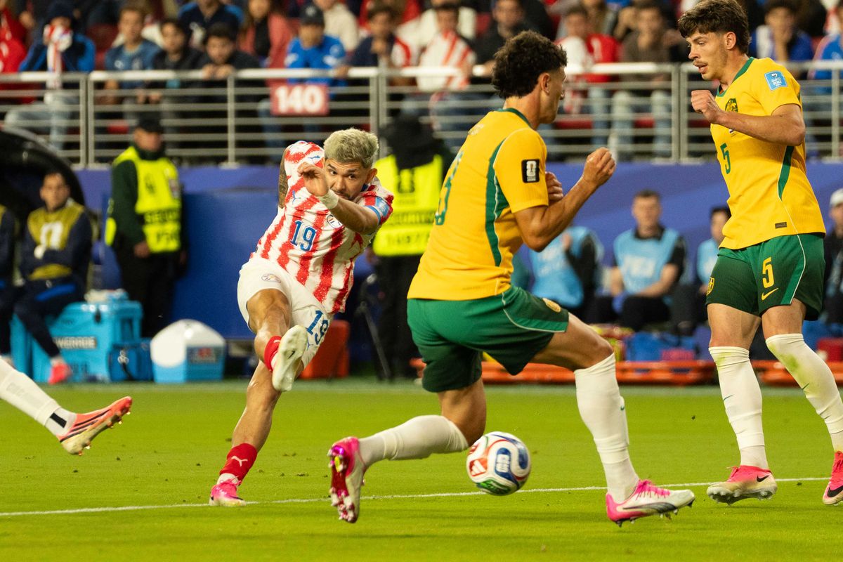 Julio Enciso (19) of Paraguay attempts to score during a 2026 FIFA World Cup match against Australia, Thursday June 25th, 2026 in Santa Clara, Calif.