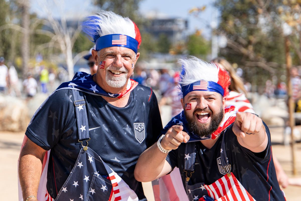 United States fans outside the stadium before a 2026 FIFA World Cup match between the United States and Türkiye, Thursday June 25, 2026 in Inglewood, Calif. 