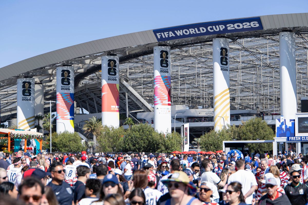 Fans fill the FIFA Stadium Fan Experience before a 2026 FIFA World Cup match between the United States and Türkiye, Thursday June 25, 2026 in Inglewood, Calif.